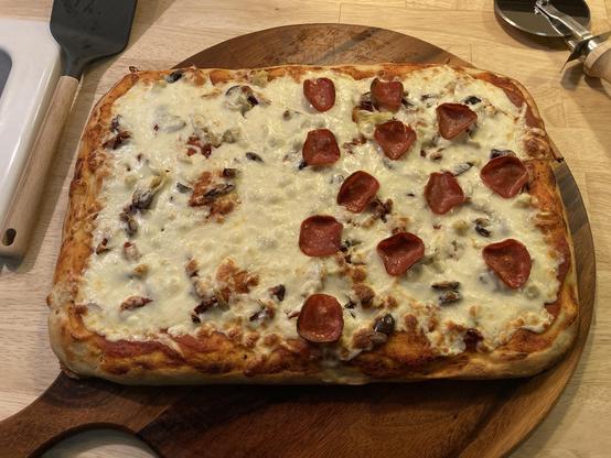 A large pan-style pizza.