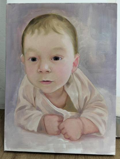 a painting of a baby, crawling towards the viewer, wearing a white pajama shirt , looking to the left of the viewer, the baby's eyes big and expressive 