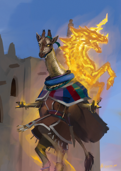 Digital illustration depicting an anthopomorphic giraffe, wearing regional-inspired clothing and robes including gilded neck rings, floating encased in orange glow, with a glowing qui-rin on her back(a spectral scaled unicorn-like creature, in orange hues as well)