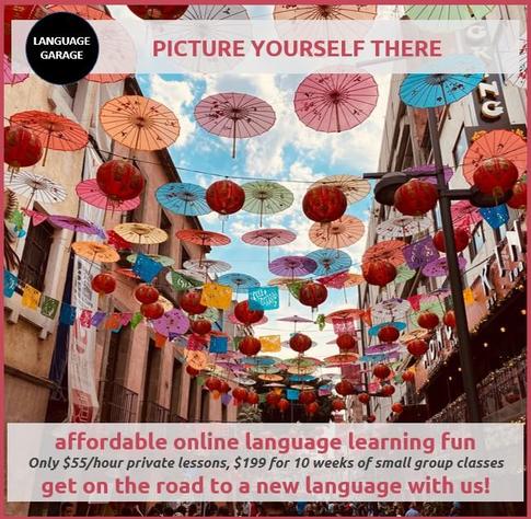 Affordable, effective, and enjoyable online language tutoring, one-on-one lessons, small group classes, and free self study materials. Image of umbrella street art in Mexico.