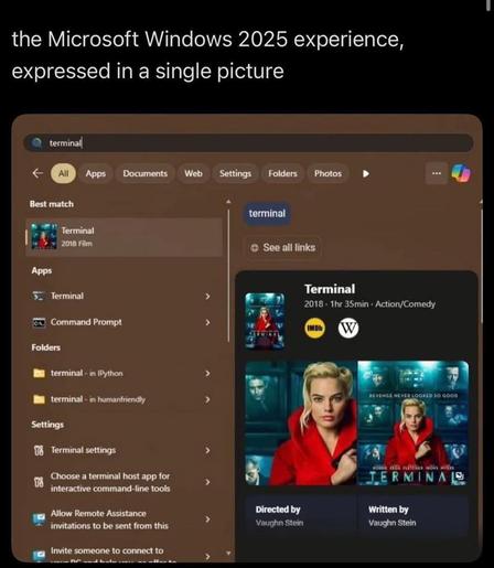 A screenshot of a new Windows 11. The image shows the start menu. On the search bar, the person searched for "terminal", and the first recommended finding is a movie, the Terminal application is back on the list.