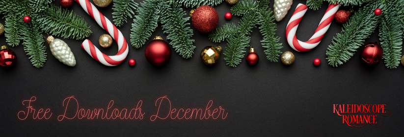 A graphic with fir tree branches, holiday ornaments, and candy canes. Text reads: Free Downloads December