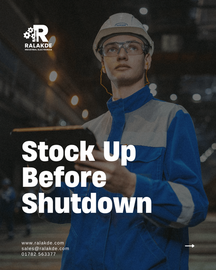 Carousel post showing industrial spare parts reminder: stock up before shutdown, avoid delays, same-day shipping from Ralakde.