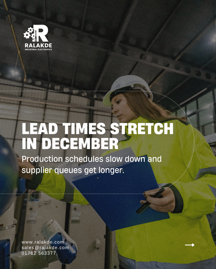 Carousel post showing industrial spare parts reminder: stock up before shutdown, avoid delays, same-day shipping from Ralakde.