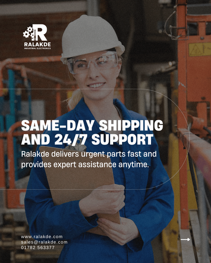 Carousel post showing industrial spare parts reminder: stock up before shutdown, avoid delays, same-day shipping from Ralakde.