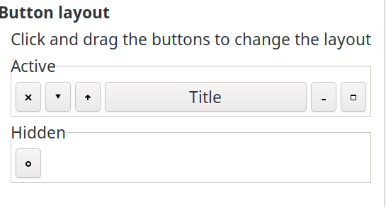 A section of the XFCE button layout chooser. This shows my RISC OS based layout with the close button and the shade button on the left (with the window menu in between) and the minimise/maximise buttons on the right. This layout means that I never accidently close a window whilst trying to minimise or maximise it. That is why I use this layout. I can also do this with the MATE and LXDE desktops.