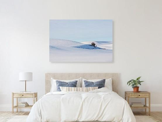 Snow-covered rolling hills stretch across the landscape under a pale blue sky, with a lone tree standing on a small rise. 