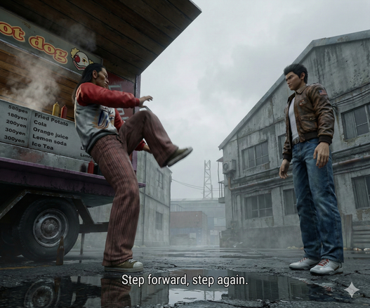 Two men standing in front of hot dog cart with “Step forward, step again.” as the subtitle.