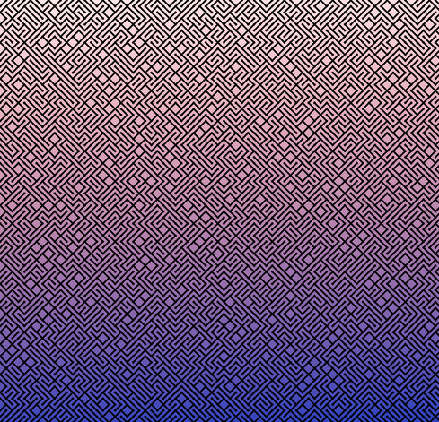 A colorful maze, generated using the 10print method. Picture generation details: screen height: 909, screen width: 944, primary background color #FFFFFF, primary line color: #000000, using gradient mask ../masks/mask6.png, gradient background color #153BC9, square: 13, width: 5, radiusB: 2, radiusW: 5, effect: 12