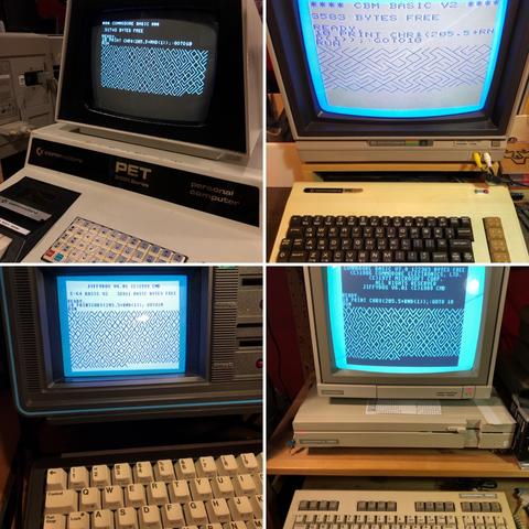 A composition of four photos. Clockwise from top left is a Commodore PET 2001, VIC-20, Commodore 128, and a Commodore SX-64. All four are showing the 10 PRINT program  as short segment of the output of alternating slashes below it.