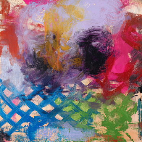 This painting vibrates with bold, physical brushwork and vivid color contrasts. Swirling patches of violet, gold, pink, and crimson blend into one another in the upper half, evoking movement and layered emotion. Beneath that energetic storm, intersecting strokes of blue and green form a lattice-like pattern that anchors the piece with structure and rhythm. The texture is rich and tactile — thick impasto ridges catch light and add dimension, while the interplay of chaos and order creates a sense of evolving harmony.