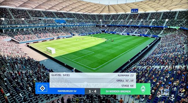 Spielergebnis-Screen in FC 26: HSV verliert zuhause gegen Werder Bremen mit 1:4. Im Hintergrund das gut gefüllte Hamburger Stadion an einem sonnigen Nachmittag.