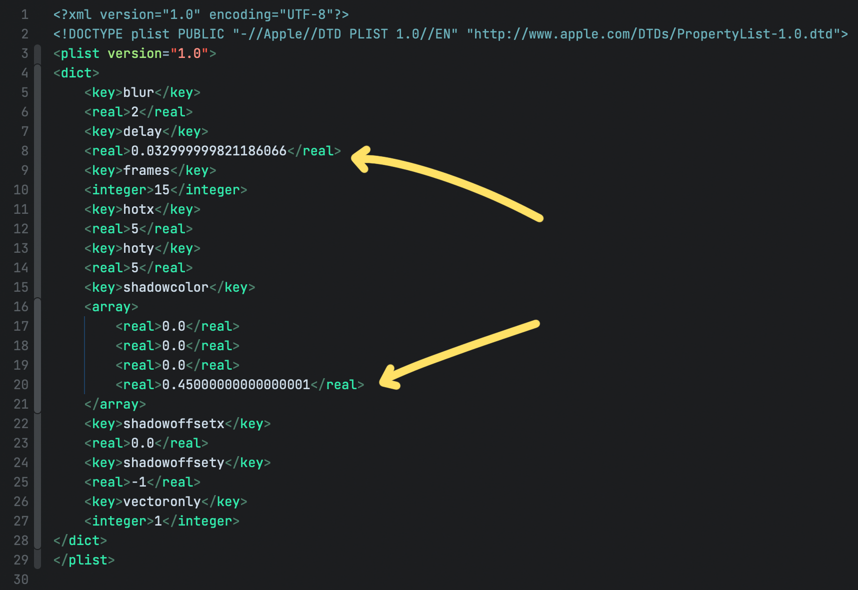 A screenshot showing the contents of the “busybutclickable” cursor’s info.plist file. It shows a value for the shadow colour opacity of 0.45000000000000001.