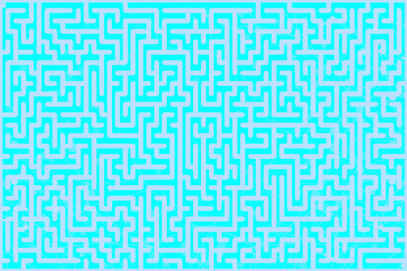 A colorful autogenerated maze. Picture generation details: screen height: 1170, screen width: 1755, primary background color #00FFFF, primary line color: #BAE1FF, using gradient mask ../masks/mask30.png, gradient background color #BAE1FF, square: 44, width: 23, radiusB: 12, radiusW: 11, effect: 12