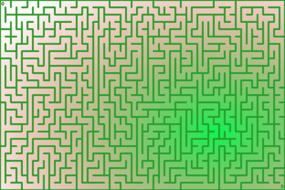 A colorful autogenerated maze. Picture generation details: screen height: 1124, screen width: 1686, primary background color #D85DD1, primary line color: #27A22E, using gradient mask ../masks/mask1.png, gradient background color #0FF751, square: 57, width: 12, radiusB: 5, radiusW: 6, effect: 5