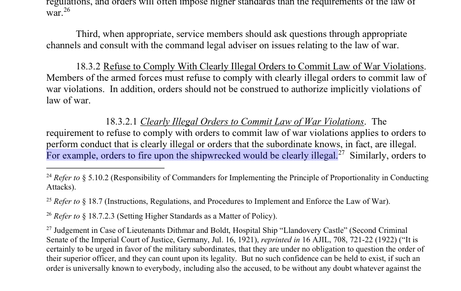 Highlighted text reads "For example, orders to fire upon the shipwrecked would be clearly illegal."