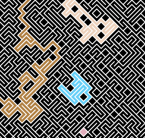 A colorful maze, generated using the 10print method. Picture generation details: screen height: 941, screen width: 990, primary background color #000000, primary line color: #FFFFFF, square: 30, width: 7, radiusB: 3, radiusW: 7, effect: 5