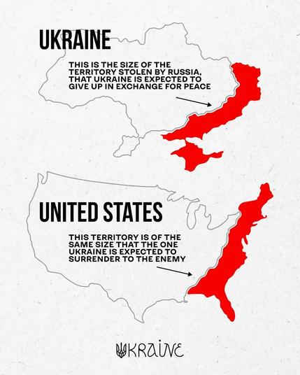 Image showing the size of territory stolen from Ukraine and that they're being asked to give up to make peace. The same amount of territory on a map of the USA would equal the eastern seaboard. 