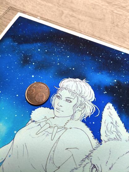 Fragmento de una ilustración en tradicional hecha con acuarela y rotulador calibrado. Está representada en el estilo de Zune el personaje principal de la princesa mononoke en un fondo galáctico o estrellado.