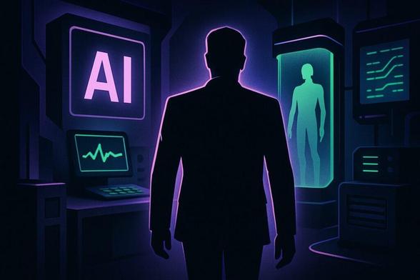 Ilustracja laboratorium AI z sylwetką lidera i neonowymi akcentami.