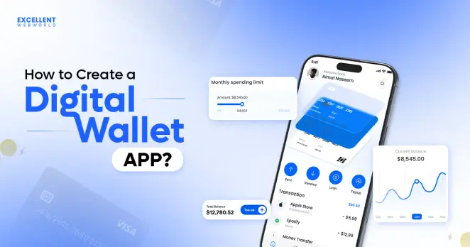 A detailed visual highlighting why fintech startups struggle to build their first digital wallet, emphasizing key challenges like KYC, PCI compliance, encryption, user identity verification, payment gateway integration, and fraud prevention. Promotes a complete guide on creating secure and scalable digital wallet apps.