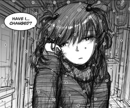 Miho walks alone down an alley with snow falling.
Miho: Have I... changed?