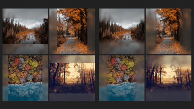 Screenshot collage, showing the desired result in two stages. First, on the left we have the base case with the non-square images being padded with a blurred version of themselves up to a square along the axis of their shorter side. Second, on the right, we have an extra touch, the non-square images fade smoothly into their blurred copy on the sides.