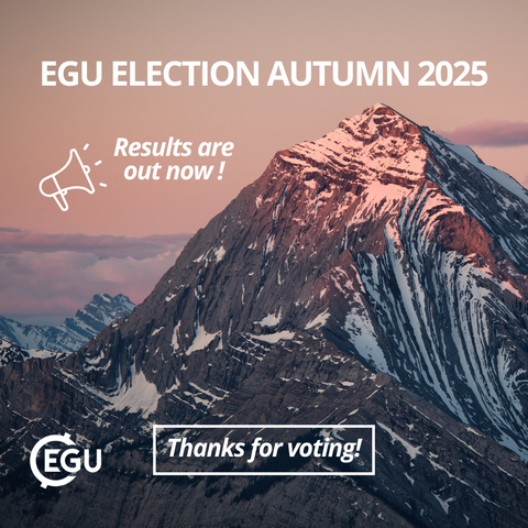 Image description: A mountain peak at sunset, text reading : 'Results are out now! Thanks for voting!' and the EGU logo'.