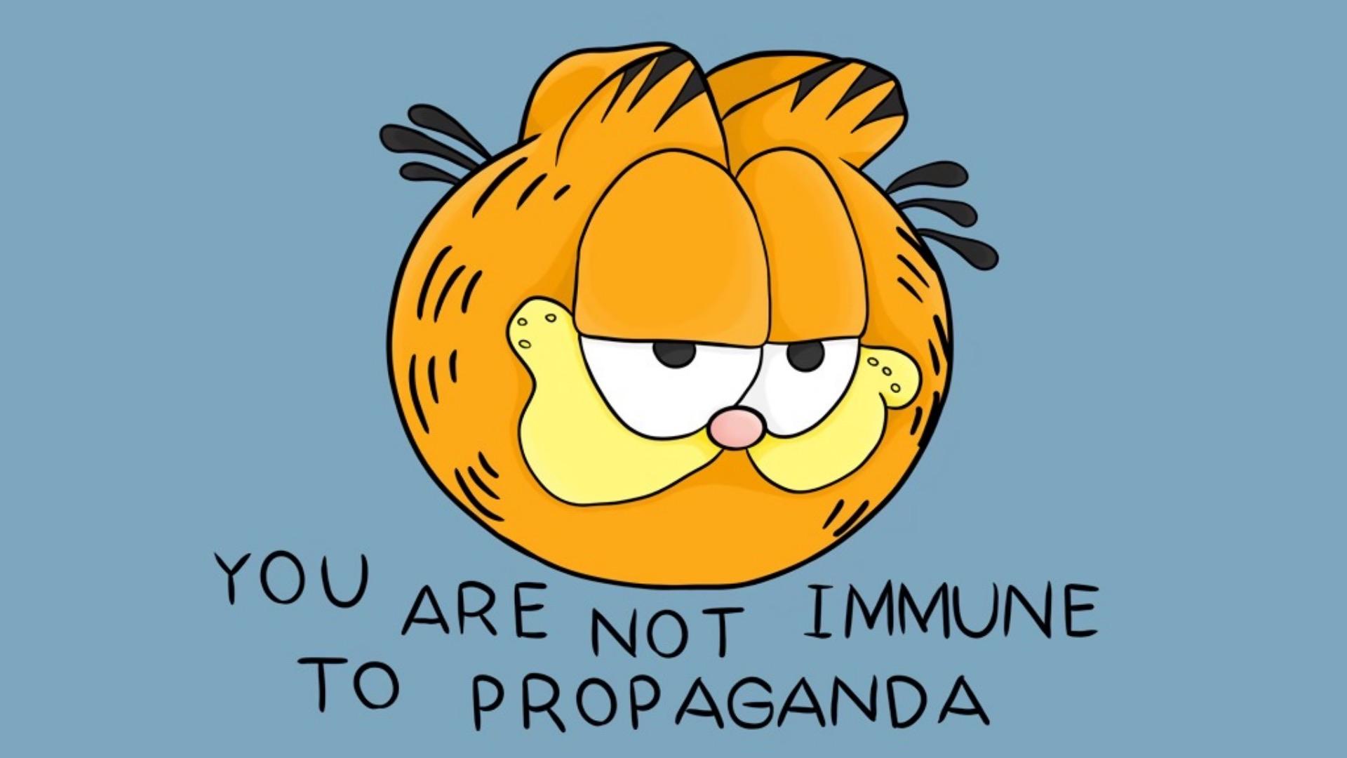 Garfield, the cats face. Title is you are not immune to propaganda.