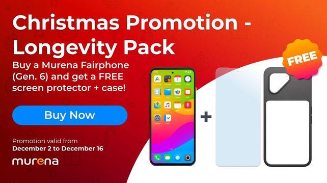 Christmas Promotion - A Murena Fairphone (Gen. 6) running /e/OS next to a screen protector and a case - for free