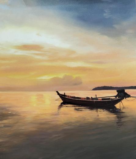 a painting of a long boat, tied up at a beach, floating peacefully, the sky is golden and pink tones, sunset, really calm and relaxing 