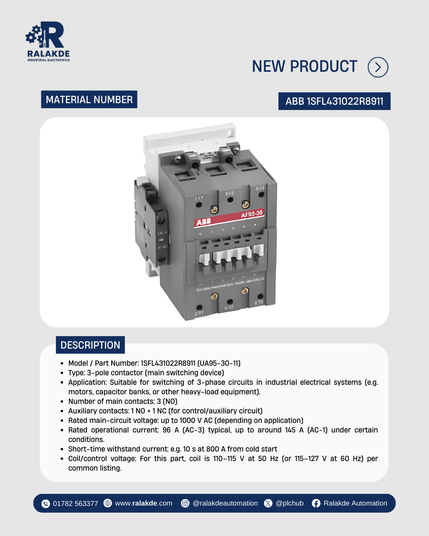 ABB 1SFL431022R8911 industrial contactor used for 3-phase switching and motor applications.