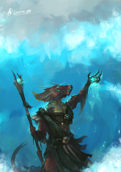 digital illustration depicting an anthropomorphic lizard-like creature. There's much giant water waves surrounding the character who's casting a spell. The character, left hand up, showcases red scales, a couple of big frills on the sides of the face, gills on the neck, and is holding some coral staff and wearing algae and coral/bone robes.
