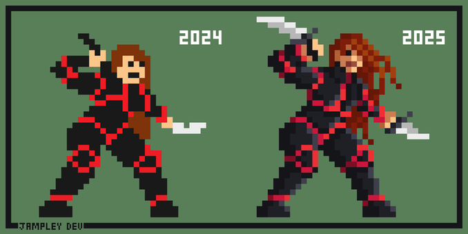A before and after pixelart  piece of a ninja looking redhead woman with two knives