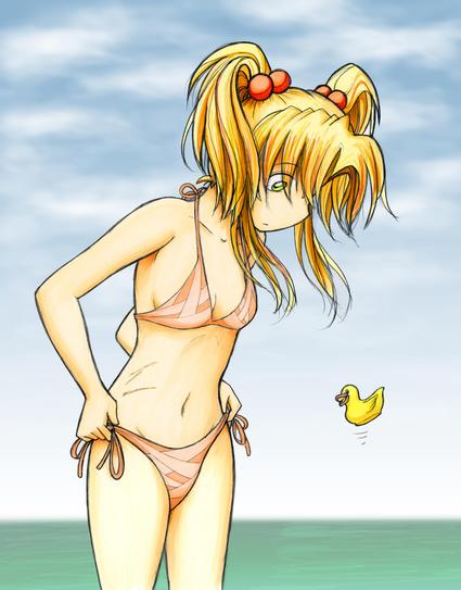A color drawing of Pirogoeth at the beach wearing a peach bikini and staring down at a mysteriously floating rubber ducky.