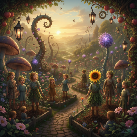 Ein Garten, in dem neben farbenfrohen  Blumen,  Pilzen und exotischen Pflanzen auch Kinder aus dem Boden wachsen.