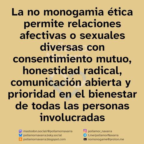 Texto en fondo liso color beige que dice: “La no monogamia ética permite relaciones afectivas o sexuales diversas con consentimiento mutuo, honestidad radical, comunicación abierta y prioridad en el bienestar de todas las personas involucradas”. En la parte inferior aparecen iconos y enlaces a redes sociales y correo electrónico del colectivo Poliamor Navarra.