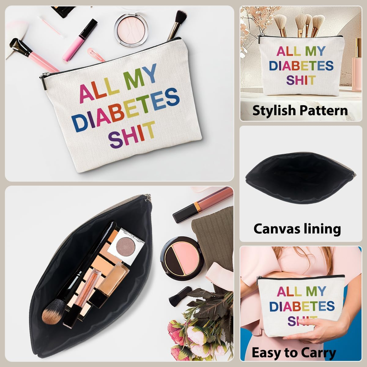 generic cheap bag with fake-looking "ALL MY DIABETES SHIT" rainbow logo overlay