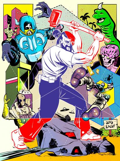 An illustrated montage of a strong man wielding a hammer, surrounded by aliens, creatures and robots of various assortments. 