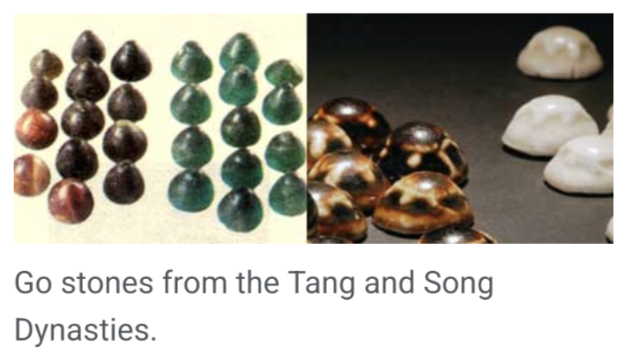 Ancient Chinese Go stones from Tang and Song Dynasties. Colors include brown, green, and white.