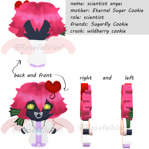 Cookie, black, pink hair, red heart, white lab coat,