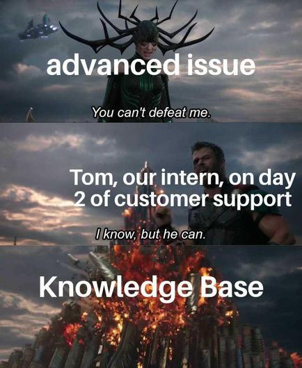 „You Can't Defeat Me“ ist eine dreiteilige Bildmakro-Serie mit Objektbeschriftungen, die auf Screenshots aus dem Marvel-Superheldenfilm Thor: Ragnarok aus dem Jahr 2017 basiert.
Über das obere Bild ist der Text "advanced issue" gelegt, im mittleren steht "Tom, our intern, on day 2 of customer support" und über dem unteren Bild steht "Knowledge Base".