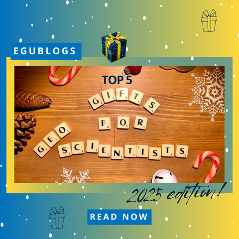 Image description: pine cones, a snowflake and decoration "Top 5 Gifts for Geoscientists. Text reads: 'EguBlogs- Read now.'