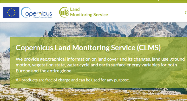 Copernicus WE Monitoring Service ¢
 (CLMS)

 We provide geographical information on land cover and its changes, land use, ground  = motion, vegetation state, water cycle and earth surface energy variables for both Europeand the entire globe.
