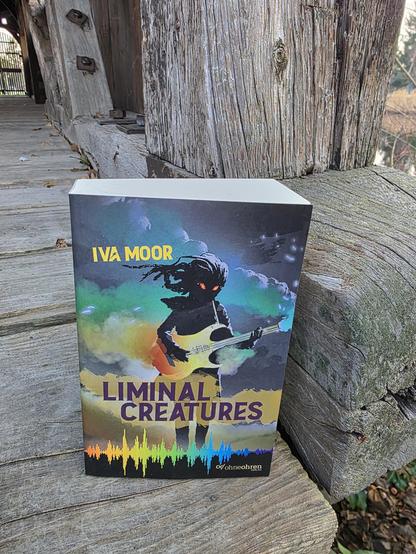 Das Buch 'Liminal Creatures' von Iva Moor vor einer überdachten Holzbrücke