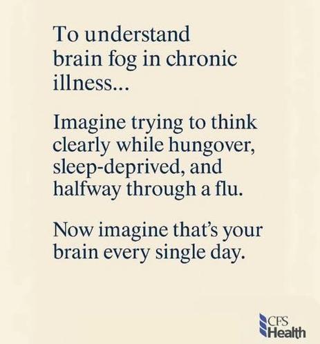 To understand brain fog in chronic illness... Imagine trying to think clearly while hungover, sleep-deprived, and halfway through a flu. Now imagine that's your brain every single day. CFS Health