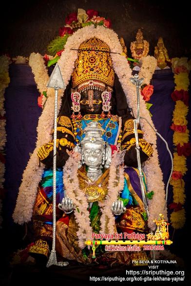 Idol of Hindu deity Krishna in bright blue (red and gold embroidered flairs) rides on the back of a silver Hanuma, both facing front. Krishna (Rama) holds a silver arrow in right hand and a silver bow in left hand; wears gold palm coverings, a gold crown, and lots of gold ornaments. A string of white flowers around Krishna. Hanuma holds both hands out a bit as if carrying something in them and wears a smaller string of white flowers plus a gold necklace with a large stone-studded medallion.