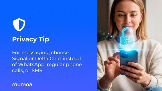 Privacy tip advising to use Signal or Delta Chat next to a woman holding a smartphone and a shining lock