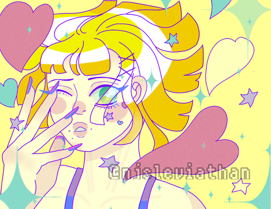 Illustration of a pale woman with a short, blonde bob and bangs braces herself against the wind with a single hand. She has long purple nails with pink highlights. Stars, hearts, and sparkles of varying colours float around her against a pale yellow background.