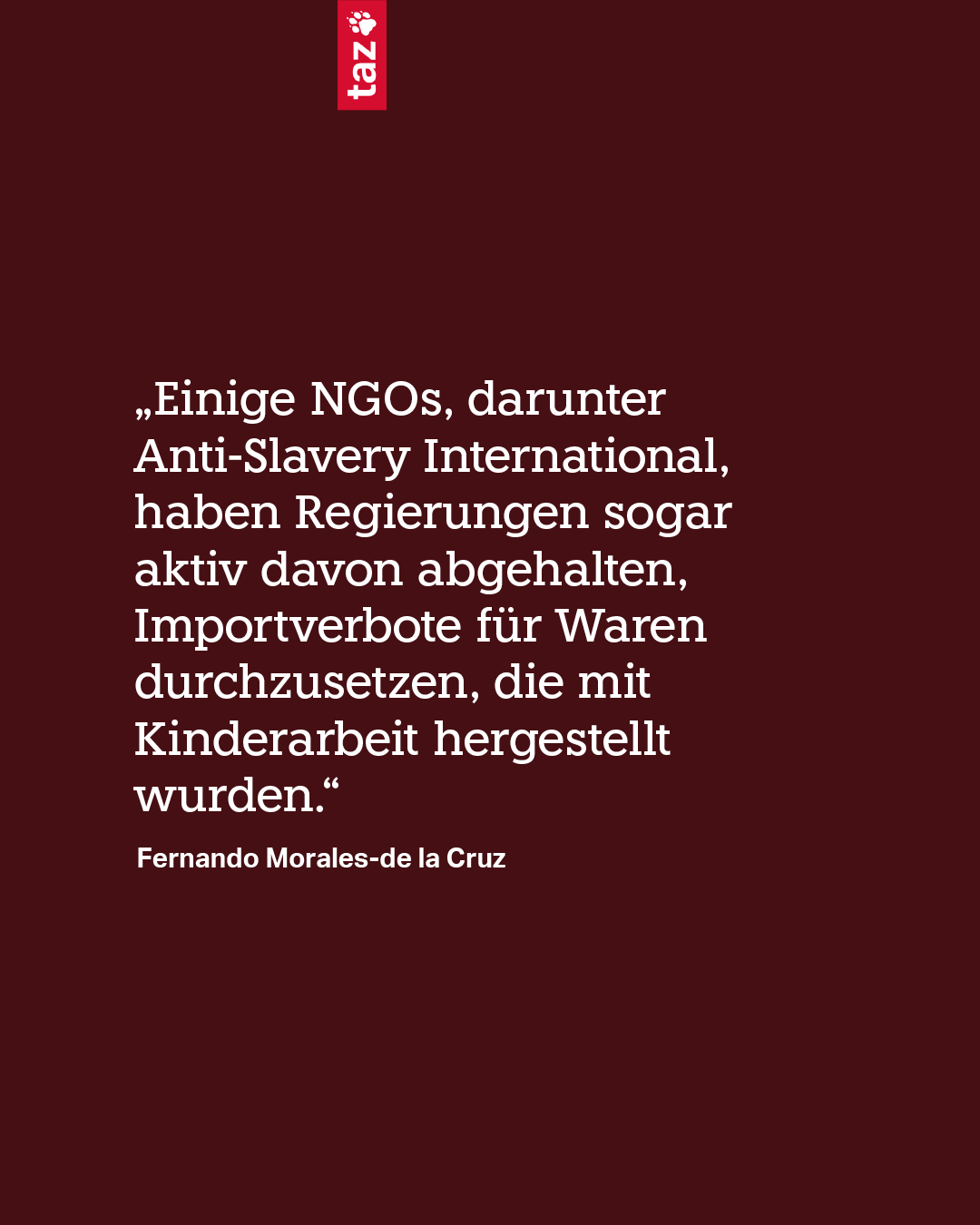 Das Zitat: „Einige NGOs, darunter Anti-Slavery International, haben Regierungen sogar aktiv davon abgehalten, Importverbote für Waren durchzusetzen, die mit Kinderarbeit hergestellt wurden.“<br>Fernando Morales-de la Cruz
